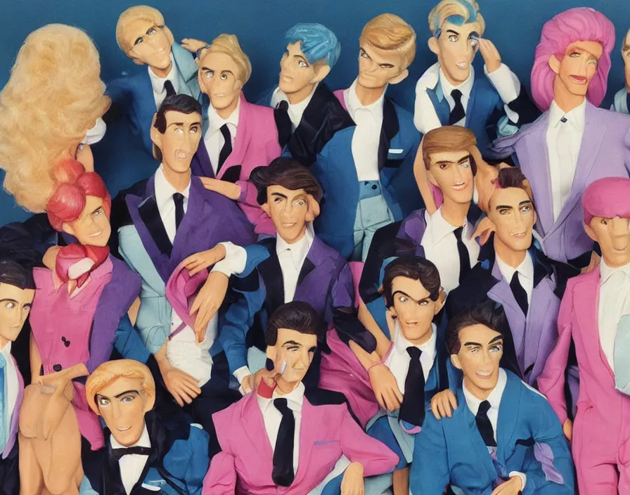 Image similar to ken barbie 1980s pop band, surrealism aesthetic, detailed facial expressions