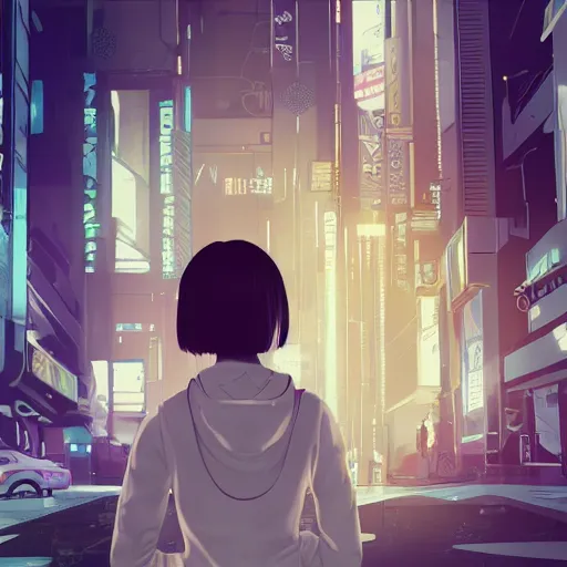 Image similar to Frequency indie album cover, luxury advertisement, yellow filter, white and gray colors. Clean and detailed post-cyberpunk sci-fi close-up schoolgirl in asian city in style of cytus and deemo, blue flame, relaxing, calm and mysterious vibes, by Tsutomu Nihei, by Yoshitoshi ABe, by Ilya Kuvshinov, by Greg Tocchini, nier:automata, set in half-life 2, Matrix, GITS, Blade Runner, Neotokyo Source, Syndicate(2012), dynamic composition, beautiful with eerie vibes, very inspirational, very stylish, with gradients, surrealistic, dystopia, postapocalyptic vibes, depth of field, mist, rich cinematic atmosphere, perfect digital art, mystical journey in strange world, beautiful dramatic dark moody tones and studio lighting, shadows, bastion game, arthouse