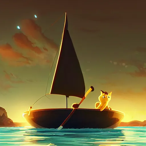 Image similar to a wholesome animation creative key shot of a black cat sailing a boat in the night, full shot, studio ghibli, pixar and disney animation, sharp, rendered in unreal engine 5, anime key art by greg rutkowski, bloom, dramatic lighting