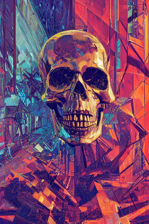 Image similar to wideangle, a portrait of a shattered skull, lost in tensor fields, madness, decoherence, synthwave, glitch!!, fracture, realistic, hyperdetailed, concept art, golden hour, art by syd mead, cubism