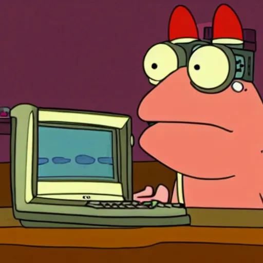 Prompt: futurama hipno toad looking at an old computer