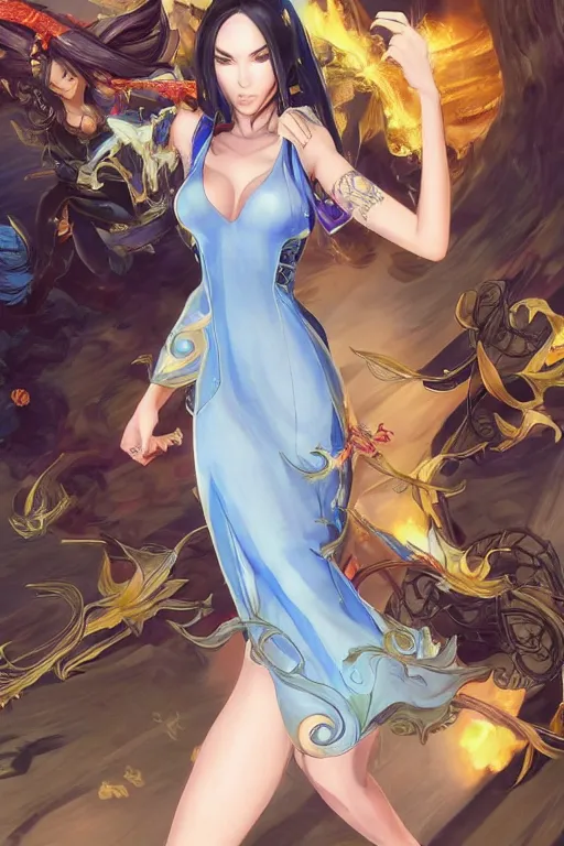 Prompt: Megan Fox using a pale blue summer dress in a blade and soul spinoff artbook rendered by the artist Taran Fiddler, Joe Madureira, Nadezhda Tikhomirova, Jiyun Chae, Lê Long, trending on Artstation by Hyung Tae Kim, artbook, Stanley Artgerm Lau, WLOP, Rossdraws , James Gurney