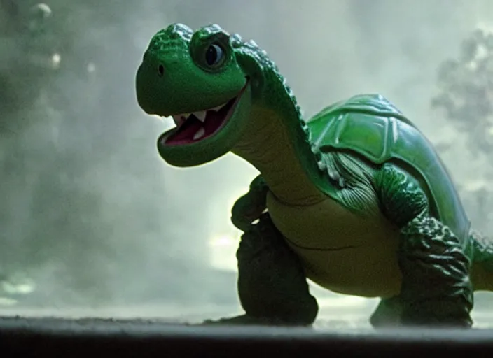 Image similar to film still of yoshi in the new sci - fi movie, cute upright standing upright upright dinosaur standing on its hind legs with a small turtle shell and long tongue, 8 k