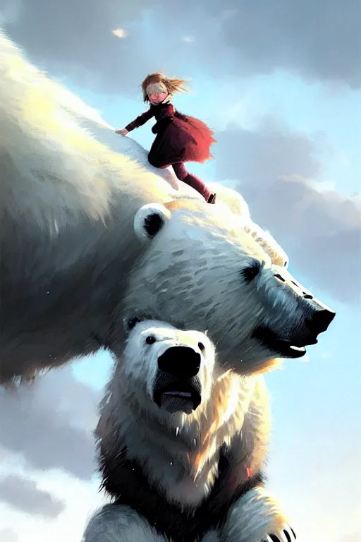 Image similar to comic book cover. giant fluffy polar bear ridden by a small girl by greg rutkowski, trending on artstation