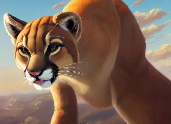 Image similar to character portrait feature of the anthro female anthropomorphic puma bobcat mountain lion fursona wearing airline pilot outfit uniform professional pilot for delta airlines character design stylized by charlie bowater, ross tran, artgerm, and makoto shinkai, detailed, soft lighting, rendered in octane, peru in background