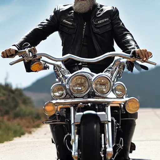 Prompt: bald jesus riding a harley with Sons of Anarchy, 4k