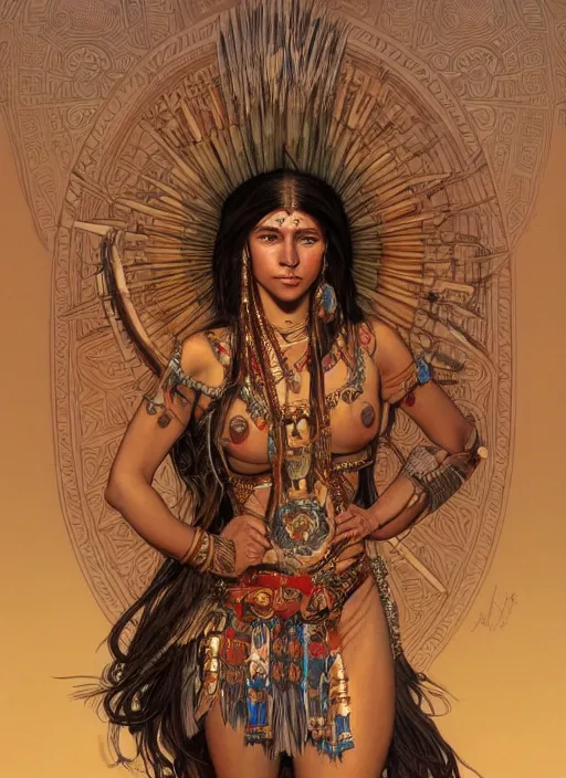 Image similar to Gina Tores as a beautiful native warrior woman, intricate, elegant, highly detailed, centered, digital painting, artstation, concept art, smooth, sharp focus, illustration, art by artgerm and donato giancola and alphonse mucha