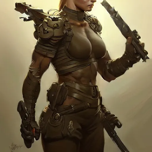 Image similar to female soldier, muscular upper body, D&D, fantasy, intricate, elegant, highly detailed, digital painting, artstation, concept art, smooth, sharp focus, illustration, art by artgerm and greg rutkowski and alphonse mucha