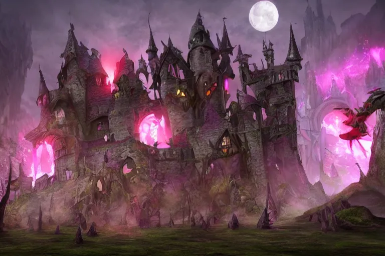 Image similar to big evil fairy castle - city rock dark shadow elves, might and magic heroes 7, dark fantasy, shadows, artstation trending, unreal engine 5, red