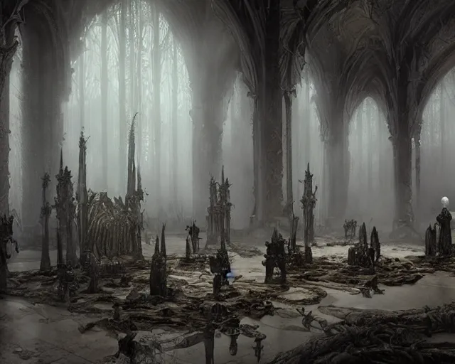 Image similar to king of the wolves - fantasy, inside the king's hall wolves and their treasures, ethereal, ominous, misty, 8 k, by h. r. giger and greg rutkowski