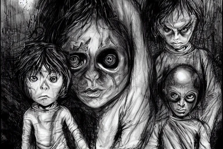 Image similar to black eyed kids, big black alien eyes, by ben templesmith