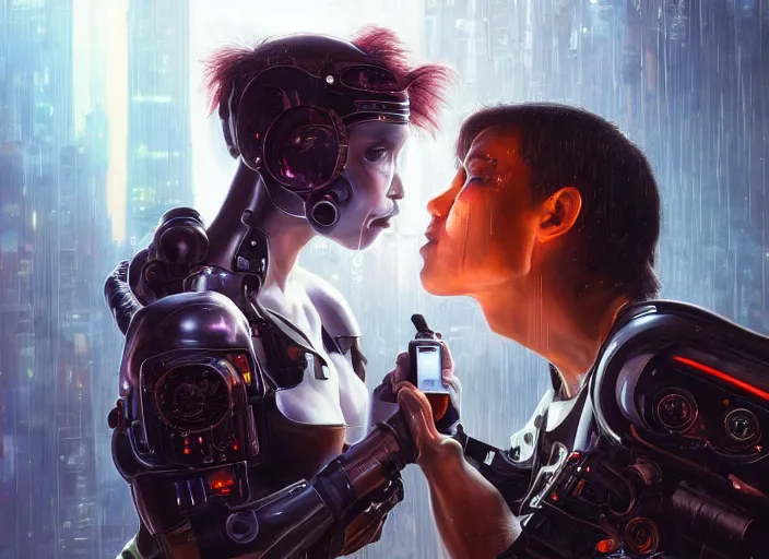 Image similar to ultra realistic medium shot of a couple of cyborgs kissing, lovers, cyberpunk, sci - fi, kodak, faces, colour led, soft light, volumetric lighting, fog, rays, night, rain, station, intricate detailed, digital painting, concept art, smooth, sharp focus, illustration, art by artgerm and greg rutkowski and alphonse mucha