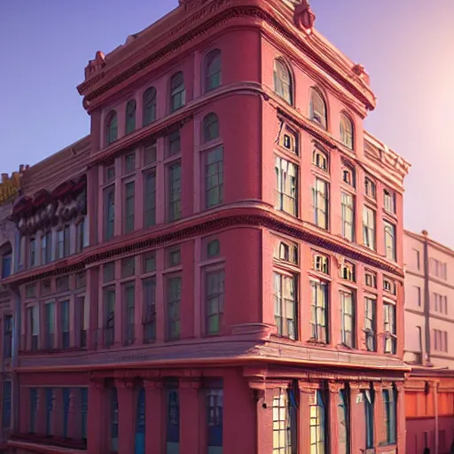 Image similar to wes anderson building facade highly detailed, photo, artstation, 3 d render, sharp focus, art by tokiolab and alphonse mucha, 8 k, ultra realistic, lens flare, glow, soft lighting, hyperrealistic, unreal engine