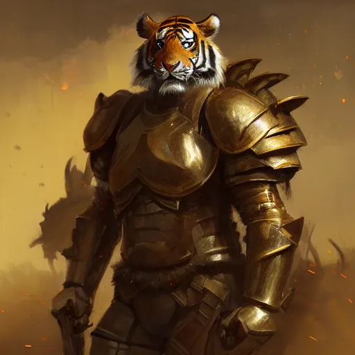 Image similar to commission portrait of a male anthro tiger wearing heavy combat armour.dramatic,character design by charles bowater,greg rutkowski,ross tran,hyperdetailed,hyperrealistic,4k,deviantart,artstation,professional photography,concept art