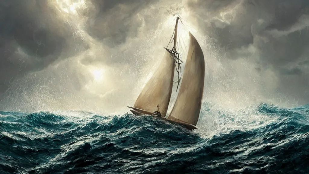 Image similar to a gigantic rat bursting out of a stormy sea attacking a small sail boat, wet fur, giant waves, sunbeams in background, intricate, detailed, volumetric lighting, sharp focus, scenery, photorealism, digital painting, highly detailed, concept art, by by aleski briclot and alexander'hollllow'fedosav and laura zalenga