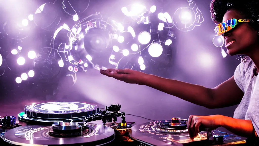 Image similar to a black woman wearing goggles and visor and headphones using an intricate clockwork record player turntable contraption, robot arms, turntablism dj scratching, intricate planetary gears, smoky atmosphere, cinematic, sharp focus, led light strips, bokeh, iridescent, black light, fog machine, hazy, lasers, spotlights, motion blur, color