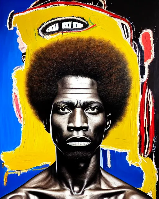 Image similar to A extremely ultra highly detailed majestic hi-res beautiful immaculate head and shoulders award winning painting stunning masterpiece of the face of a ultra highly detailed strong black African warrior man with an afro portrait by Jean-Michel Basquiat, 8k, high textures, ultra hyper sharp, insanely detailed and intricate, super detailed, 8k HDR ultra high quality, high detail, hyperrealist, photorealistic, octane render, cinematic, high textures, hyper sharp, 4k insanely detailed and intricate, surrealism, surrealist, real life, lifelike, 8k, hyper realistic, super detailed, realistic, 4k HDR hyper realistic high