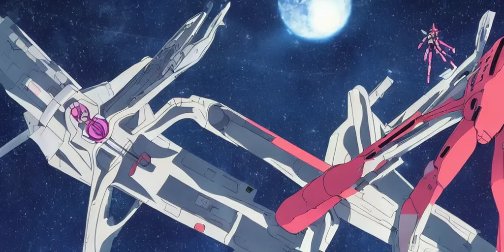 Prompt: A massive futuristic space station in orbit, neon genesis evangelion