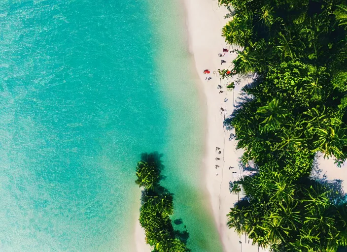 Image similar to aerial view of a beautiful beach with tropical trees, sunny day, cinematic, beautiful light