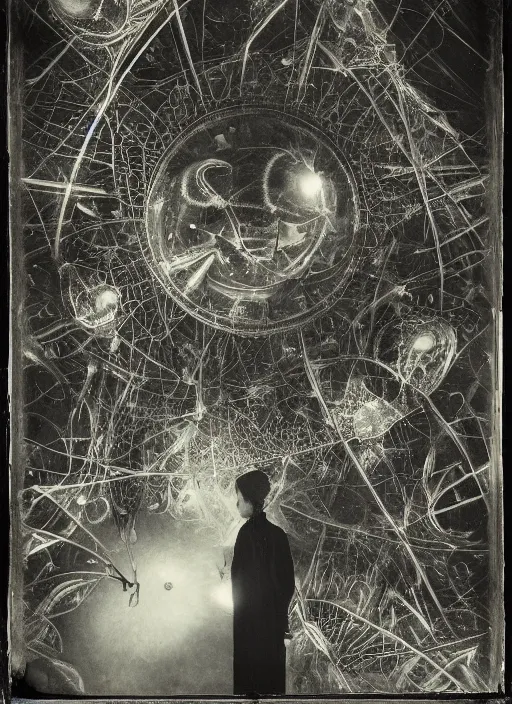 Prompt: old wetplate daguerreotype invention of the universe, explosion of data fragments, fractal, intricate, elegant, highly detailed, parallax, leica, medium format, subsurface scattering, by paul delvaux