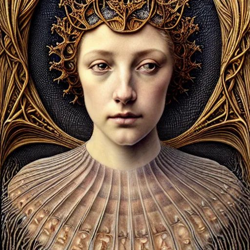 Image similar to detailed realistic beautiful young medieval queen face portrait by jean delville, gustave dore, iris van herpen and marco mazzoni, art forms of nature by ernst haeckel, art nouveau, symbolist, visionary, gothic, neo - gothic, pre - raphaelite, fractal lace, ai biodiversity, surreality, intricate hyper detailed ultra sharp octane render