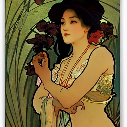 Image similar to beautiful women with oriental faces, character portrait, sharp, art by alphonse maria mucha