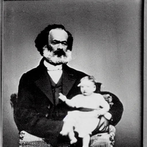 Image similar to Karl Marx and Ayn Rand holding baby, photo, 1920, hospital backround