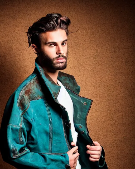Prompt: an award - winning photo of a male model wearing a baggy teal distressed medieval menswear moto jacket, 4 k, studio lighting, wide angle lens