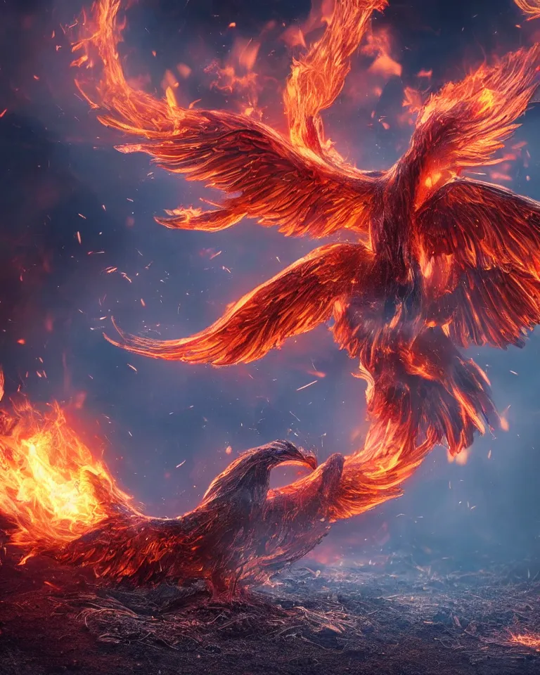 Prompt: a beautiful and imaginary photoreaslistic render of a burning steel phoenix rising out of the dirt and ashes, ethereal lighting, pixie dust magic, brilliant glow, cinematic, epic, epic scale ultrawide angle, deep vivid colors,