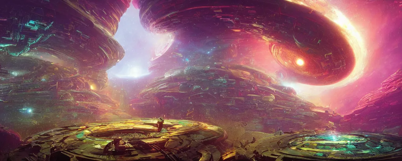 Image similar to ” wormhole, [ art by paul lehr, cinematic, detailed, epic, widescreen, opening, establishing, mattepainting, photorealistic, realistic textures, octane render ] ”