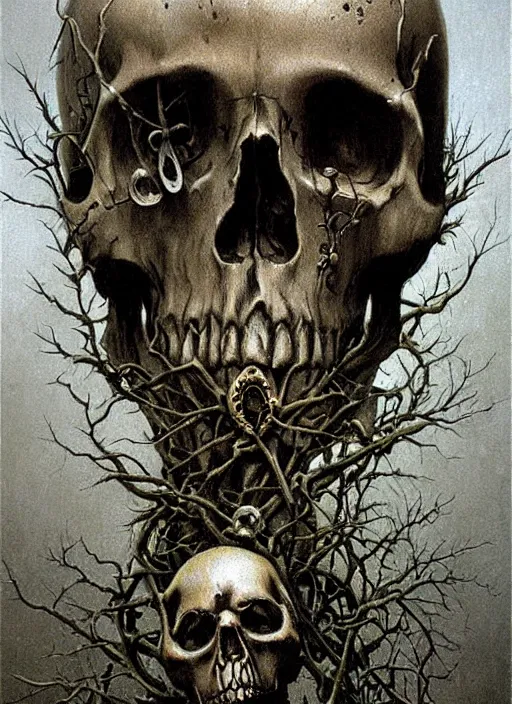Image similar to skull, ivy, death, steampunk by zdislaw beksinski