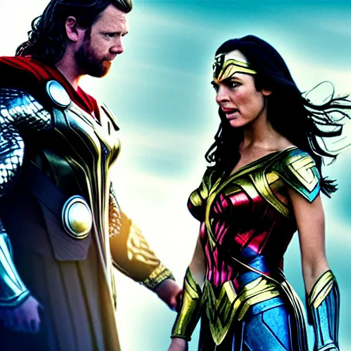 Image similar to thor and wonder woman love scene new marvel movie, cinematic still, romantic lighting