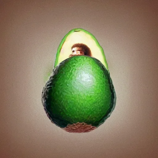 Image similar to bob ross as an embryo inside an avocado