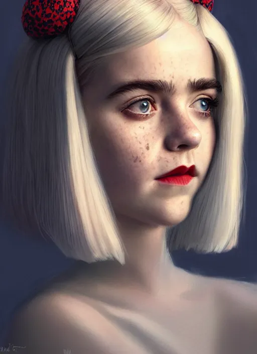 Image similar to portrait of kiernan shipka as sabrina spellman, freckles, white hair, 1 9 6 0 s bob hairstyle, hairstyle with bangs, hairband, intricate, elegant, glowing lights, highly detailed, digital painting, artstation, concept art, smooth, sharp focus, illustration, art by wlop, mars ravelo and greg rutkowski