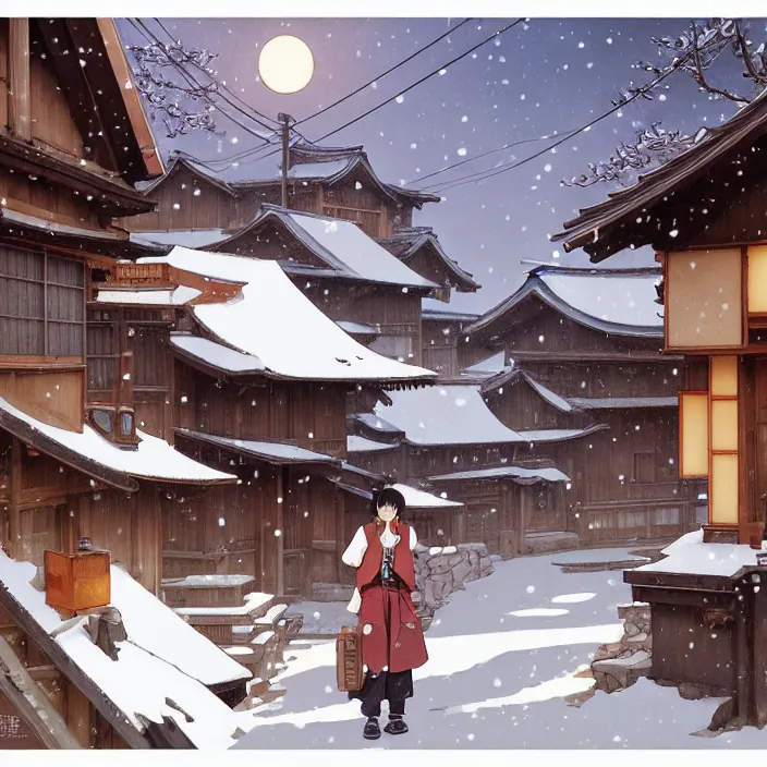 Image similar to japanese rural town, winter, in the style of studio ghibli, j. c. leyendecker, greg rutkowski, artem