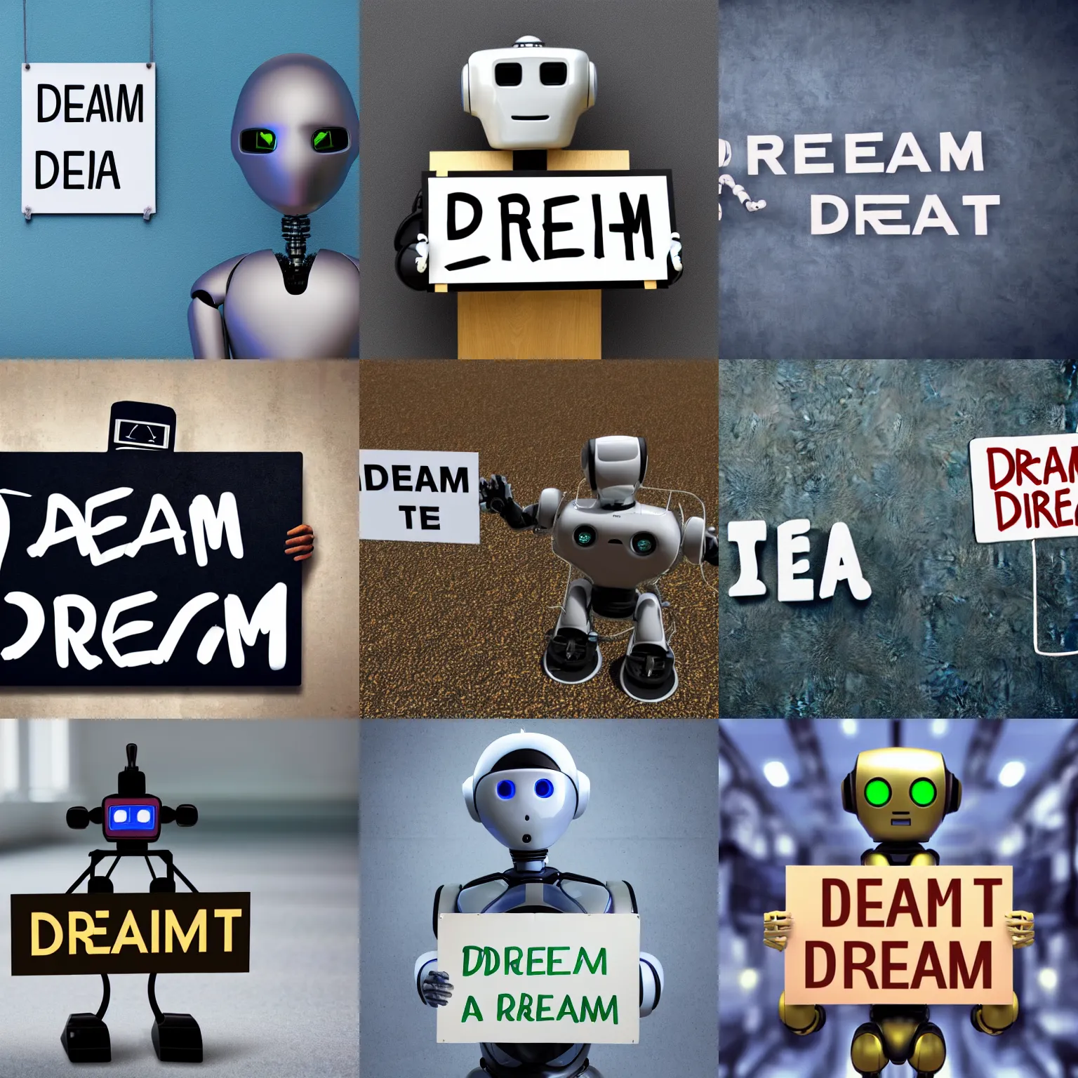 Image similar to realistic high quality photo of artificial intelligence robot holding a sign with text that reads : dream