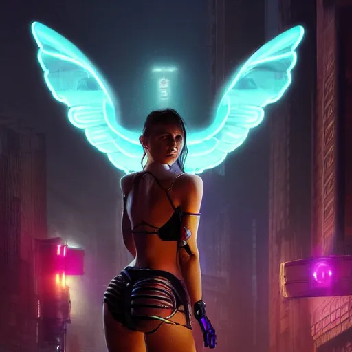 Prompt: A beautiful, angelic woman with cybernetic wings and a halo, in a neon-lit cityscape. She looks sad and lost, but determined. 8k, neon, cyber punk, steam punk, cybernetic, photo-realistic, by Greg Rutkowski