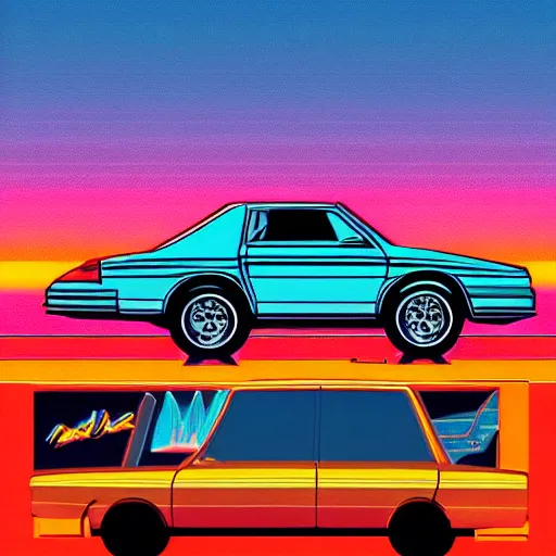 Prompt: retro box covert art of a synthwave car sitting in front of a sunset in miami, 8 0's box art, retro