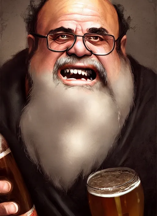 Image similar to Portrait of Danny Devito as a Dwarven Axeman with a white beard, He is drinking beer at a tavern, realistic, detailed, 4k by Greg Rutkowski Mark Arian trending on artstation