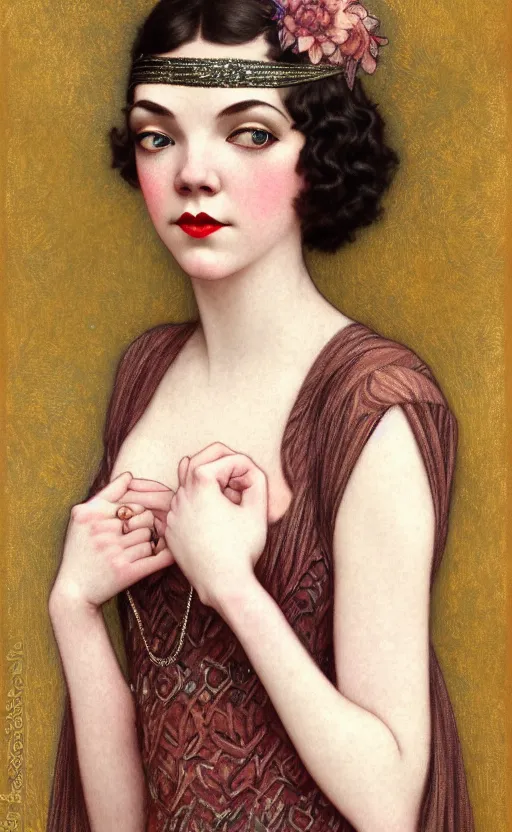 Prompt: flapper girl anya taylor-joy, beth harmon, gina gray, casey cooke, traditional corsican, intricate, highly detailed, artstation, illustration, jurgens, rutkowski, bouguereau, mucha, roaring 20s, 1920s gaudy color, flapper dress