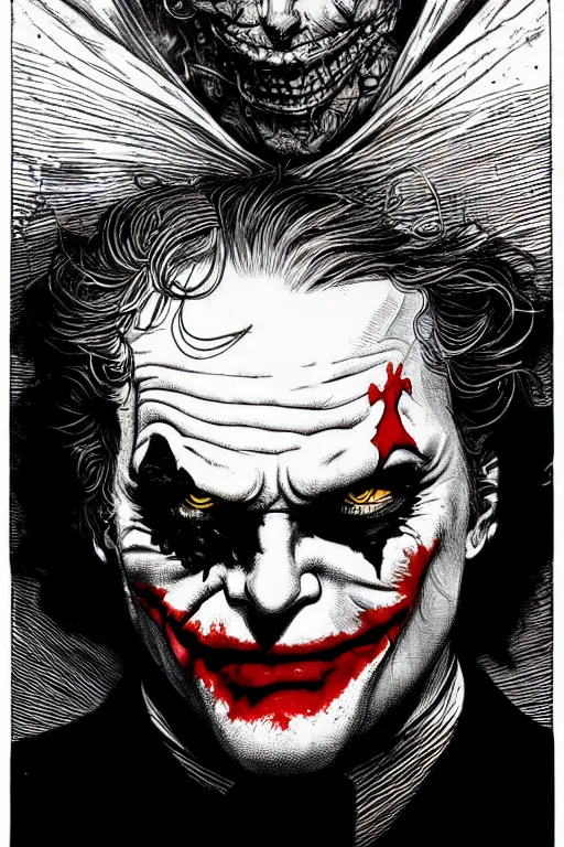 Prompt: colorful!!! joker portrait by laurie greasley and hans bellmer, ( ( etching by gustave dore ) ), ultraclear intricate, sharp focus, highly detailed digital painting illustration, concept art, masterpiece