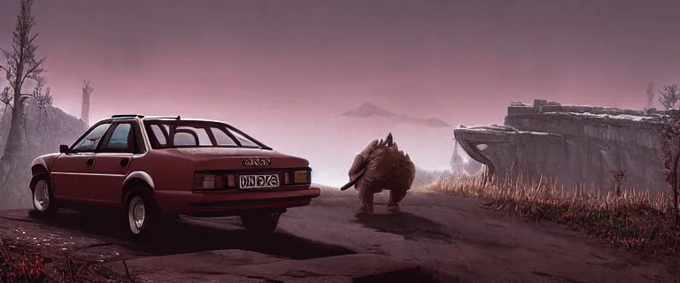 Image similar to Audi 80 B3 Avant (1988) facing off a dark knight, The Elder Scrolls III: Morrowind, an epic fantasy, Morrowind, Vivec City, dramatic lighting, cinematic, establishing shot, extremely high detail, photorealistic, cinematic lighting, artstation, by simon stalenhag