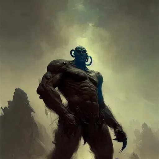 Prompt: giant humanoid monster, sharp focus, illustration, highly detailed, digital painting, concept art, matte, art by ruan jia and wlop and greg rutkowski, masterpiece