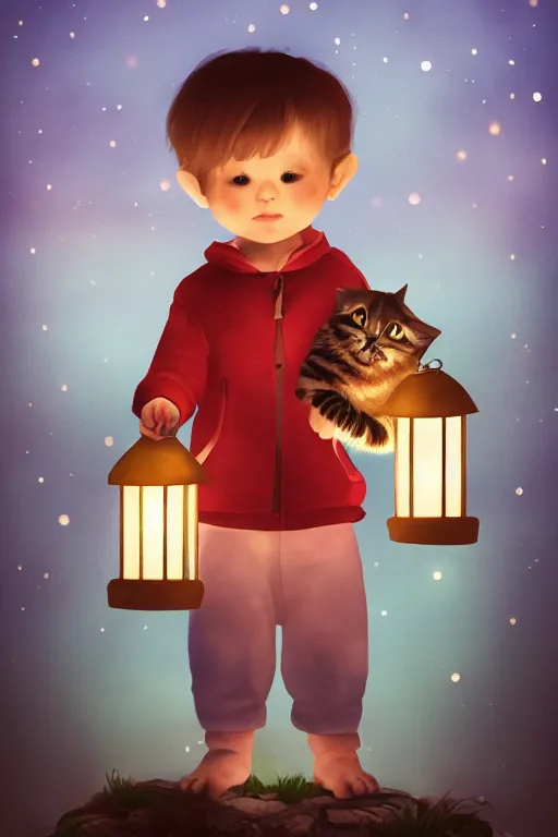 Image similar to a little boy carrying lantern at night, cute cat sits beside, photorealistic face and skin tones, dreamy moonlit nightscape by the garden, lake house, smooth, matte colors, trending on artstation, 4 k, 8 k