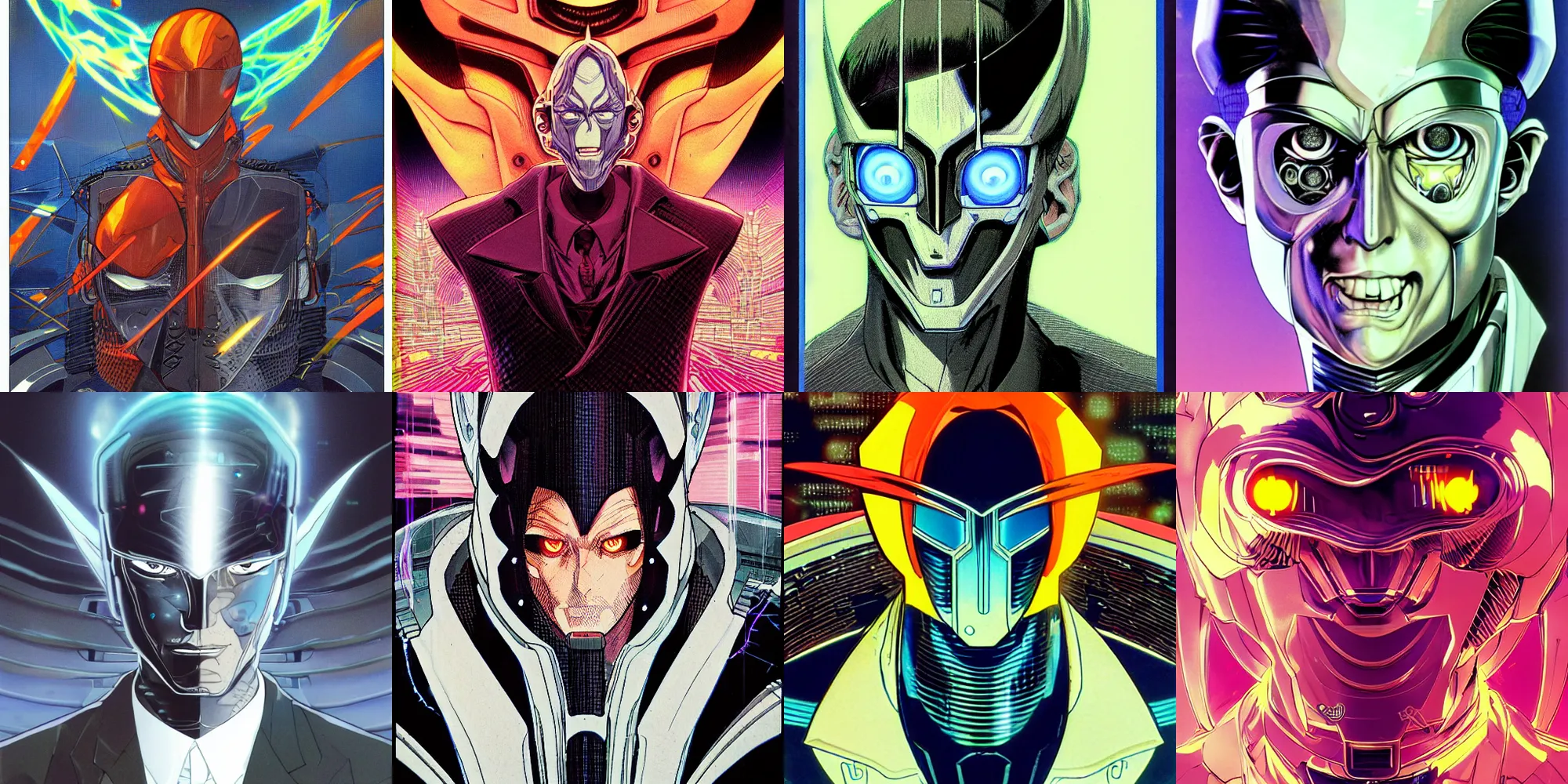 Prompt: portrait of a futuristic evil business man in concept armor, half cyborg, analogue interferences, by Alan Lee + Tite Kubo + Moebius, headshot, 8k vhs glitch, anime, sharp focus, smooth, sense of awe