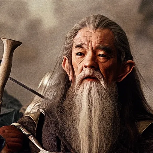 Image similar to a still from “ lord of the rings ” of a head and shoulders portrait of fei lung as a gandalf the wizard with a hat and a wooden staff, photo by phil noto