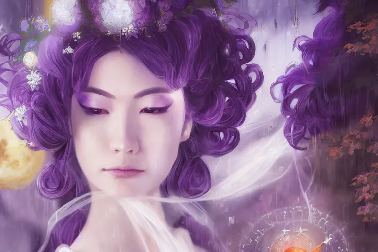 Image similar to a cinematic portrait of wedding photograph jpeg close up moment of a divine a japan sun god and moon goddess lovers magician at a wedding banquet. portraiture. digital painting. artstation. concept art. fantasy wedding photo. digital painting, 8 k realistic, hyper detailed, violet evergarden art masterpiece by art by krenz cushart