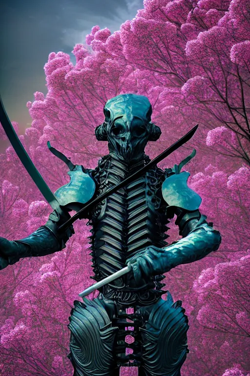 Image similar to hyperrealistic neo - gothic giant human gargoyle hybrid, exoskeleton armor, holding katana, field of pink flowers, highly detailed digital art masterpiece, vitaly bulgarov dramatic dark teal light, ground angle hd 8 k, sharp focus