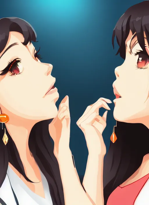 Prompt: two beautiful mothers taunting each other, gorgeous faces, beautiful earrings, smooth, thick lines, cinematic lighting, detailed anime art