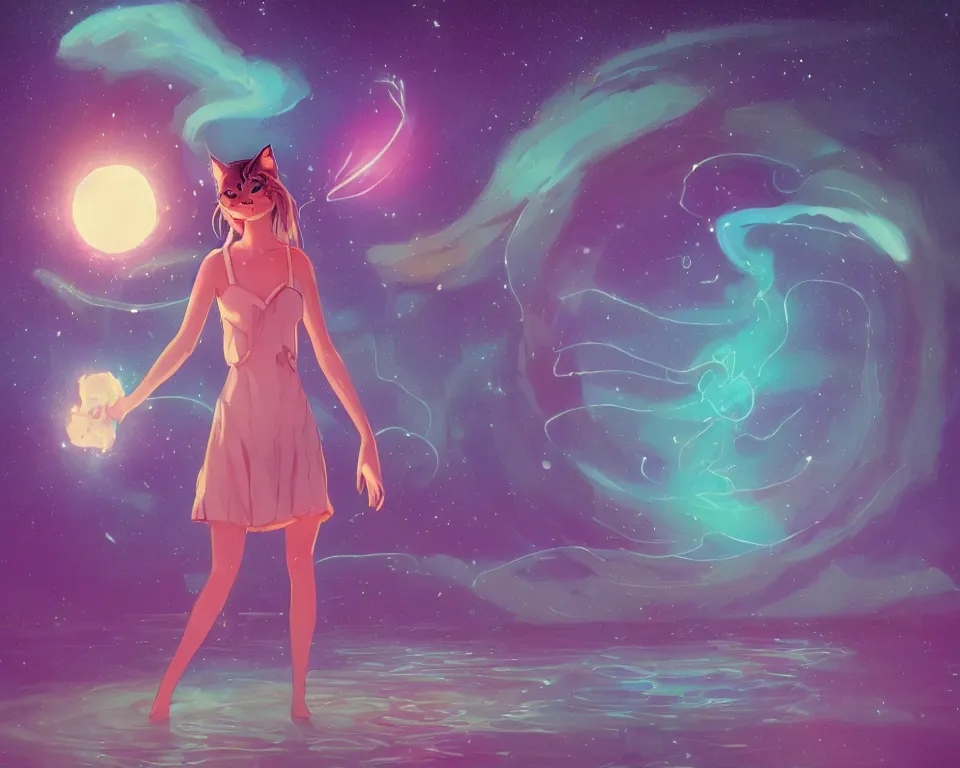 Image similar to beautiful whimsical cat girl standing in a lake in the moonlight, using magic, under a multi-colored binary blackhole with an accretion disc, glowing trails following her arms, wearing professional makeup, acidwave, by Lois van Baarle, by Greg Rutkowski, by artgerm, by beeple, by studio ghibli, cinematic angle, volumetric lighting, 4k resolution, octane render, trending on artstation, masterpiece